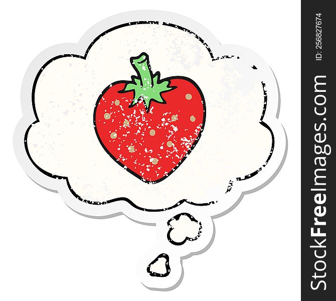 cartoon strawberry with thought bubble as a distressed worn sticker
