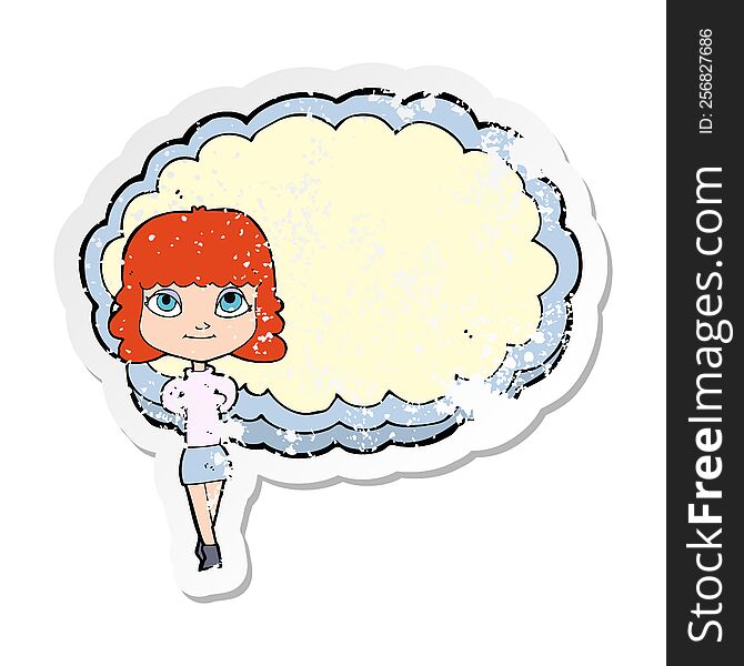 retro distressed sticker of a cartoon woman in front of cloud