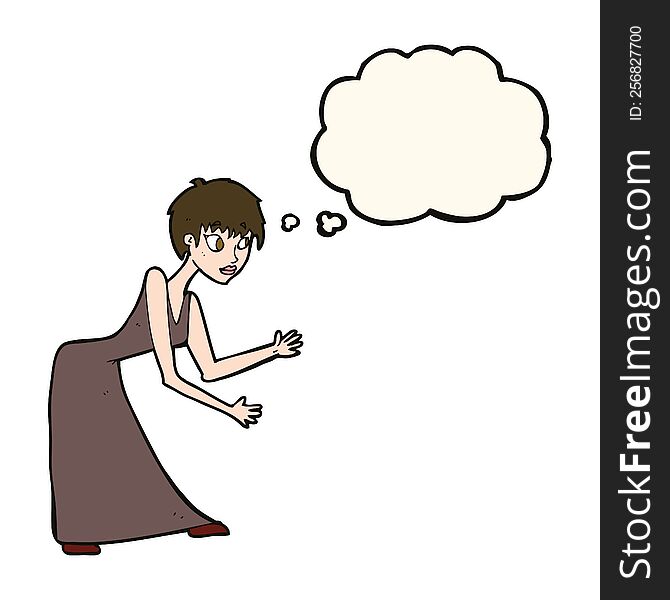 cartoon woman in dress gesturing with thought bubble