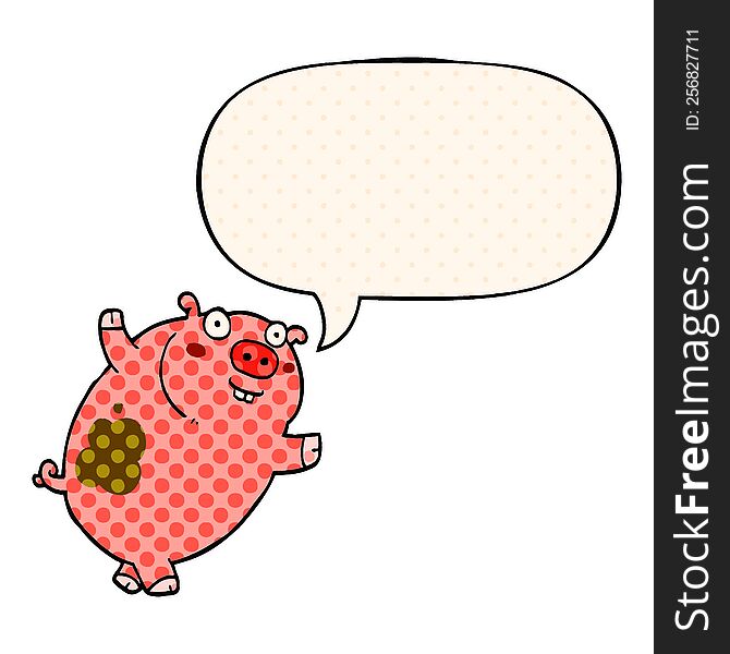 funny cartoon pig with speech bubble in comic book style