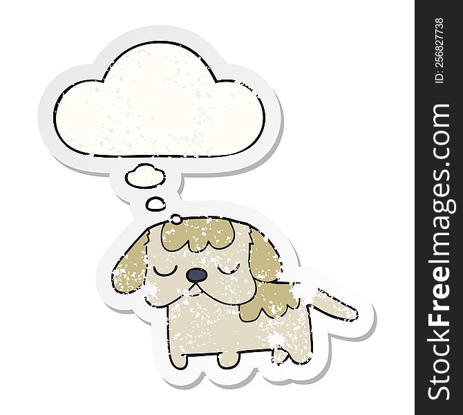 cute cartoon puppy with thought bubble as a distressed worn sticker
