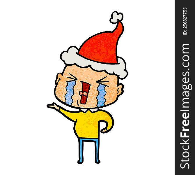 Textured Cartoon Of A Crying Bald Man Wearing Santa Hat