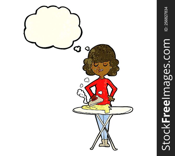 cartoon woman ironing with thought bubble