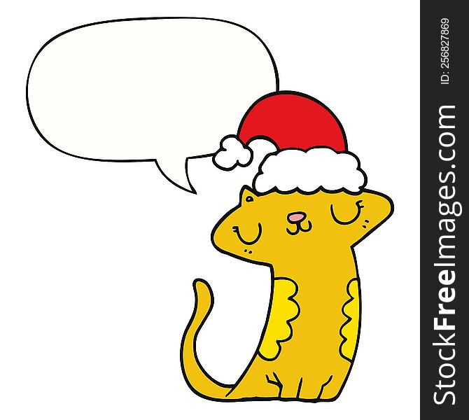 cute cartoon cat wearing christmas hat and speech bubble