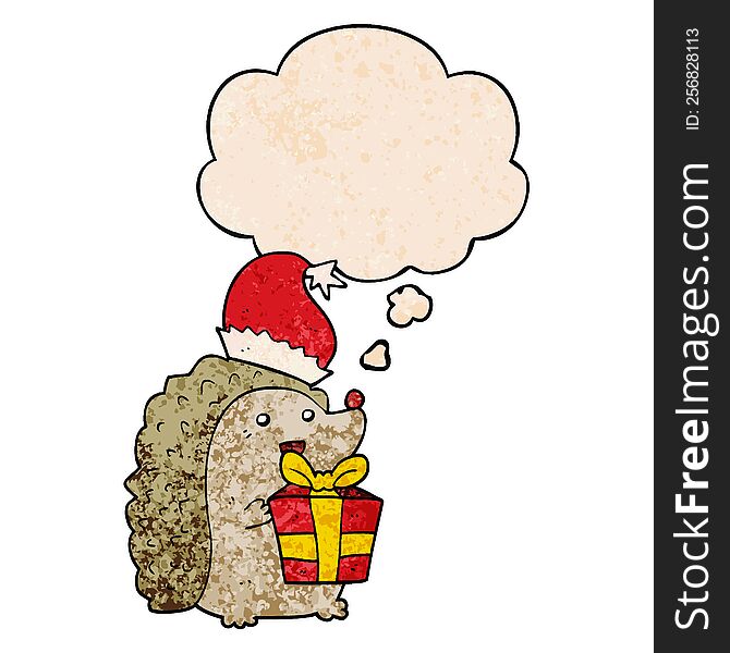 Cartoon Hedgehog Wearing Christmas Hat And Thought Bubble In Grunge Texture Pattern Style