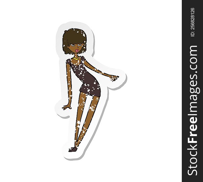 Retro Distressed Sticker Of A Cartoon Woman In Dress Leaning