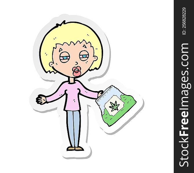 sticker of a cartoon woman with bag of weed