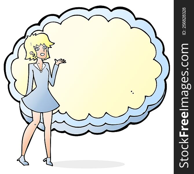 cartoon friendly woman standing in front of cloud with space for text. cartoon friendly woman standing in front of cloud with space for text