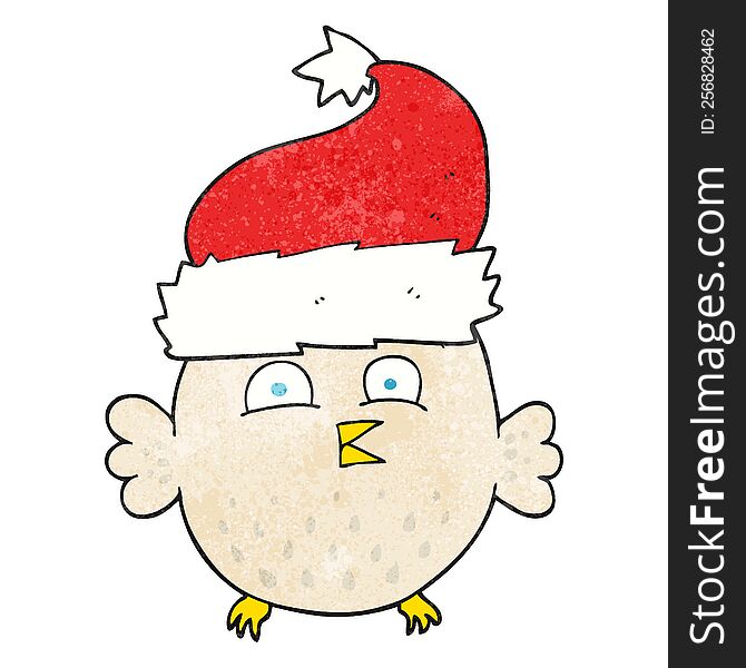 freehand textured cartoon owl wearing christmas hat