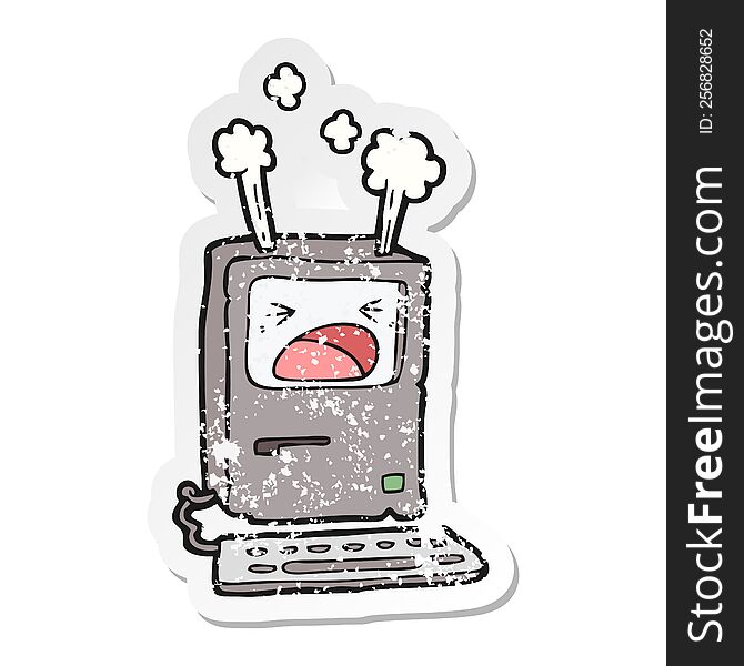 Distressed Sticker Of A Cartoon Overheating Computer