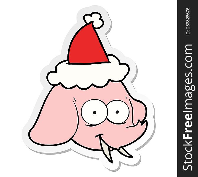 hand drawn sticker cartoon of a elephant face wearing santa hat
