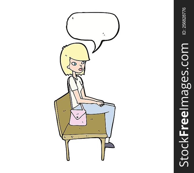 Cartoon Woman Sitting On Bench With Speech Bubble