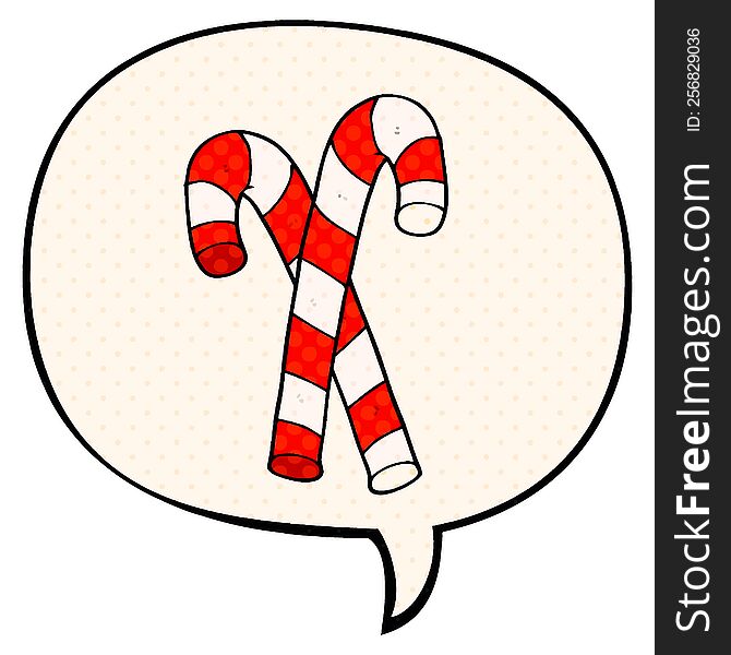 Cartoon Candy Canes And Speech Bubble In Comic Book Style