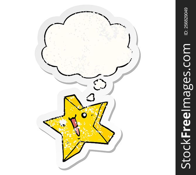 cartoon happy star with thought bubble as a distressed worn sticker