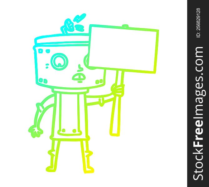 cold gradient line drawing of a cartoon robot with blank sign