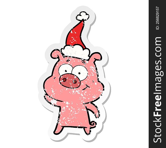 Happy Distressed Sticker Cartoon Of A Pig Wearing Santa Hat