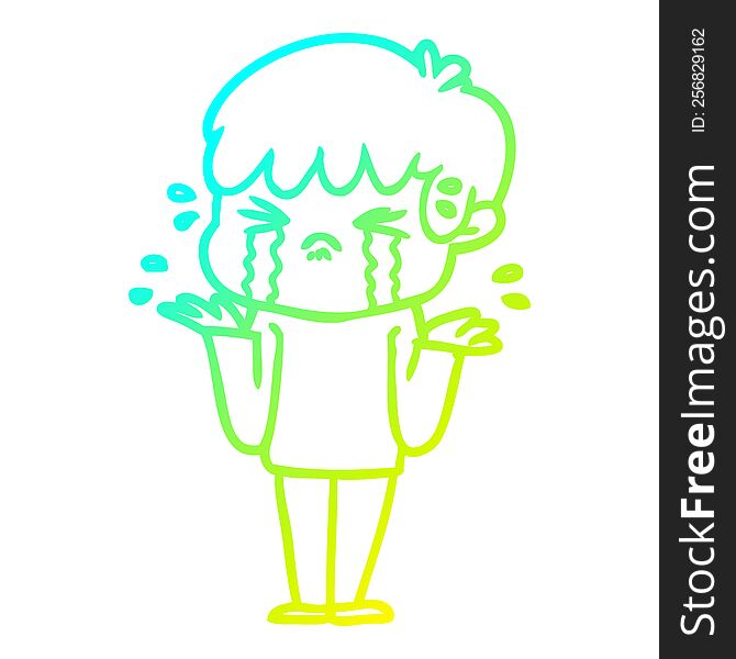 cold gradient line drawing of a cartoon boy crying and shrugging shoulders