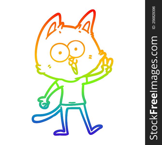 rainbow gradient line drawing of a funny cartoon cat giving peace sign