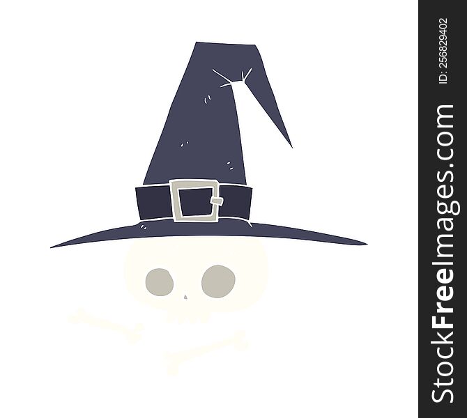 Flat Color Illustration Of A Cartoon Witch Hat With Skull