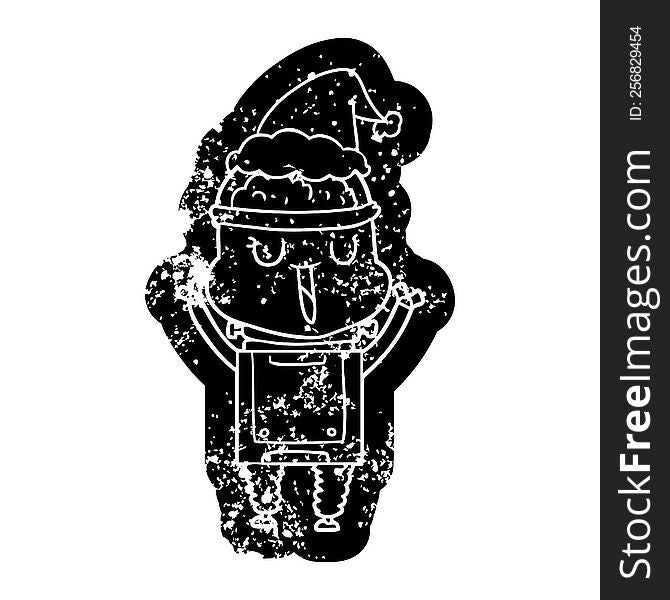Happy Cartoon Distressed Icon Of A Robot Wearing Santa Hat