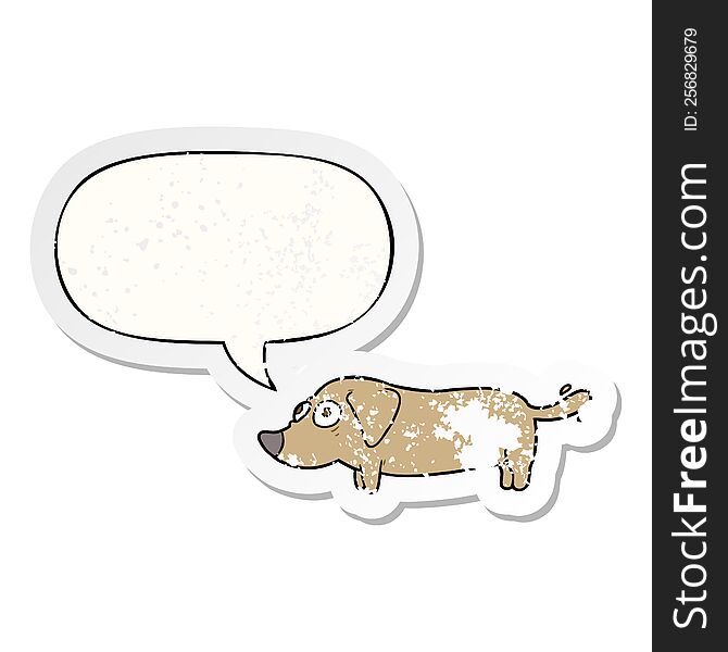 cartoon little dog with speech bubble distressed distressed old sticker. cartoon little dog with speech bubble distressed distressed old sticker
