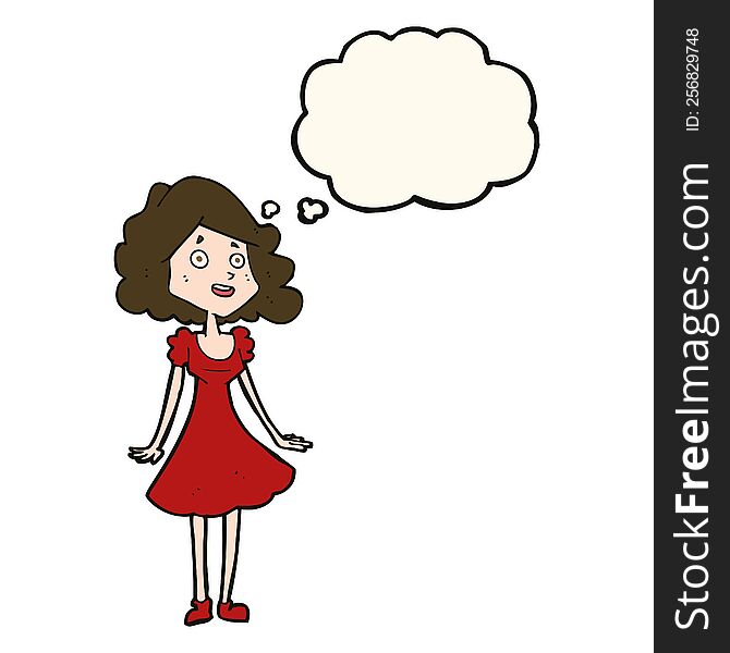 Cartoon Happy Woman In Dress With Thought Bubble