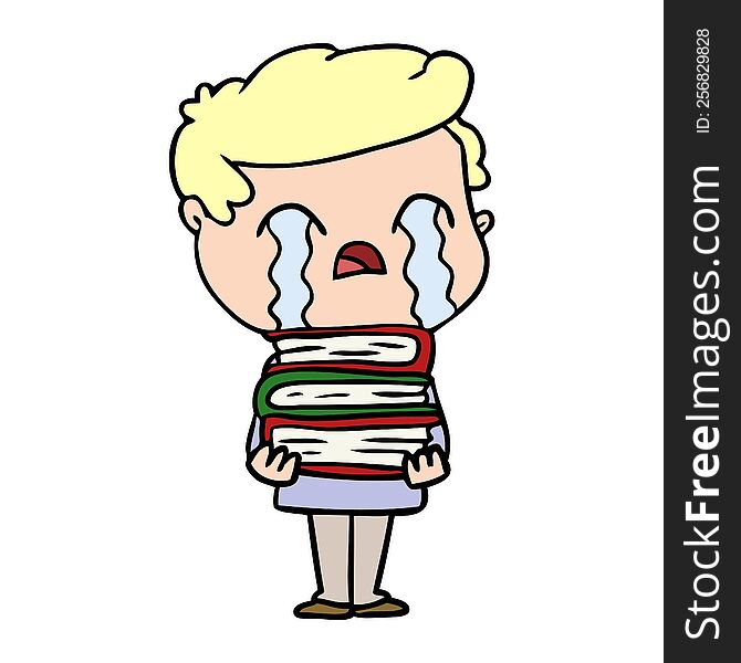 cartoon man crying over stack of books. cartoon man crying over stack of books