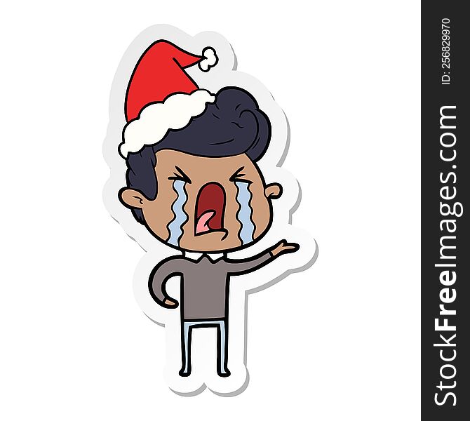 hand drawn sticker cartoon of a crying man wearing santa hat