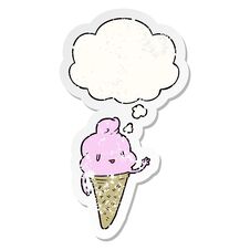 Cute Cartoon Ice Cream And Thought Bubble As A Distressed Worn Sticker Stock Photo