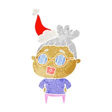 Retro Cartoon Of A Librarian Woman Wearing Spectacles Wearing Santa Hat Stock Image