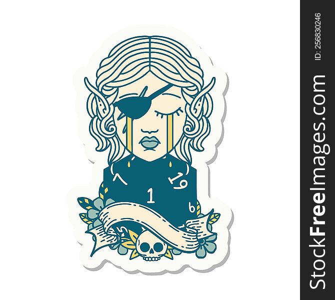 sticker of a sad elf rogue character face with natural one d20 roll. sticker of a sad elf rogue character face with natural one d20 roll