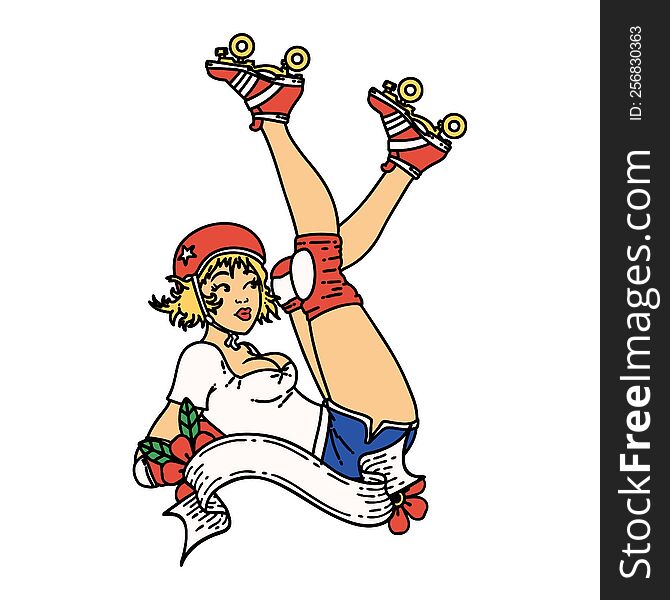 traditional tattoo of a pinup roller derby girl  with banner