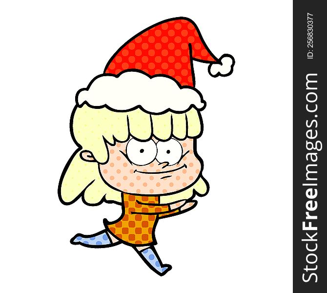 hand drawn comic book style illustration of a smiling woman wearing santa hat