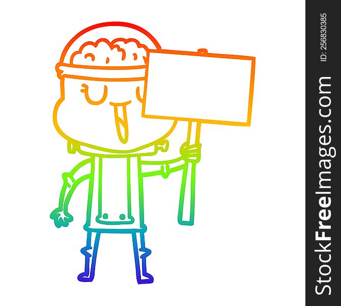 rainbow gradient line drawing of a happy cartoon robot with sign
