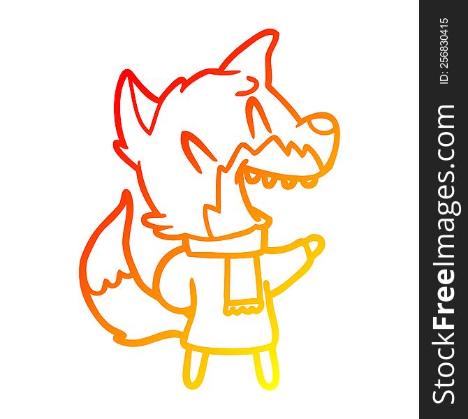 warm gradient line drawing of a laughing fox wearing winter clothes
