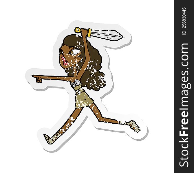 retro distressed sticker of a cartoon girl with sword