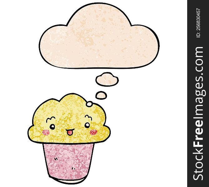 Cartoon Cupcake With Face And Thought Bubble In Grunge Texture Pattern Style