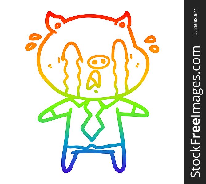 Rainbow Gradient Line Drawing Crying Pig Cartoon Wearing Human Clothes