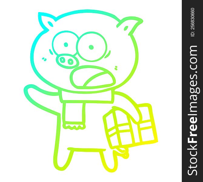 Cold Gradient Line Drawing Cartoon Pig With Christmas Present