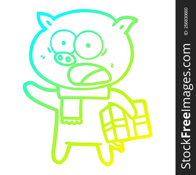 cold gradient line drawing cartoon pig with christmas present