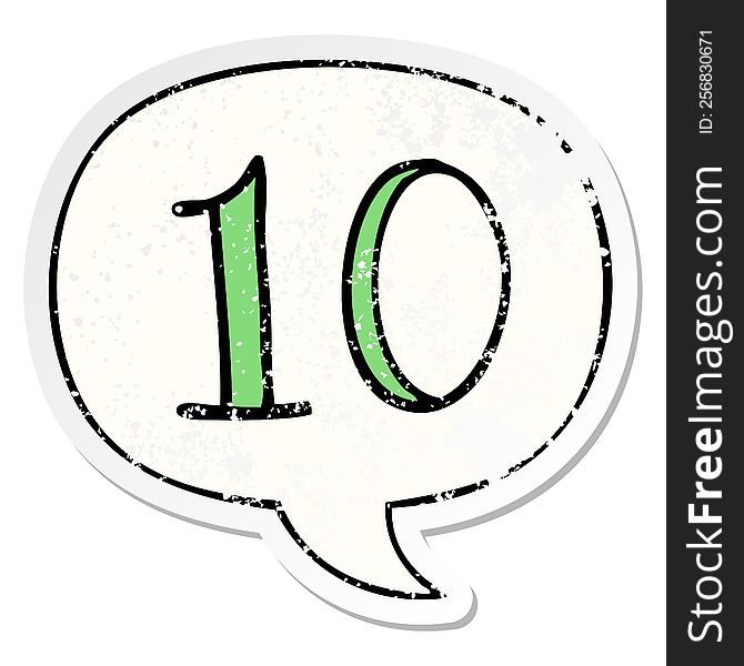 Cartoon Number 10 And Speech Bubble Distressed Sticker