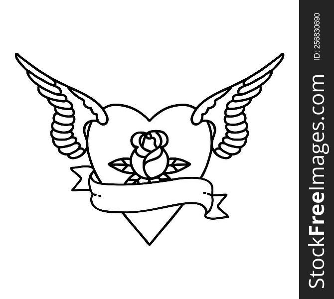tattoo in black line style of heart with wings a rose and banner. tattoo in black line style of heart with wings a rose and banner