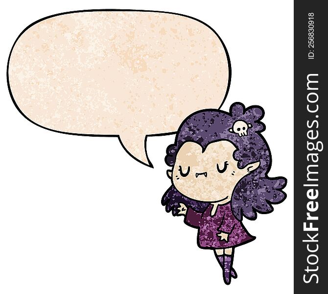cute cartoon vampire girl with speech bubble in retro texture style