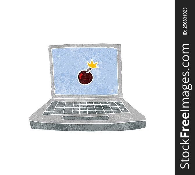 freehand retro cartoon laptop computer with bomb symbol