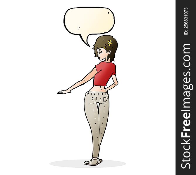 cartoon pretty girl in jeans and tee with speech bubble