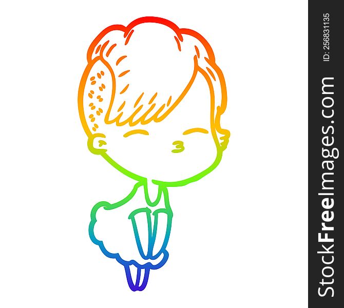 Rainbow Gradient Line Drawing Cartoon Squinting Girl In Dress