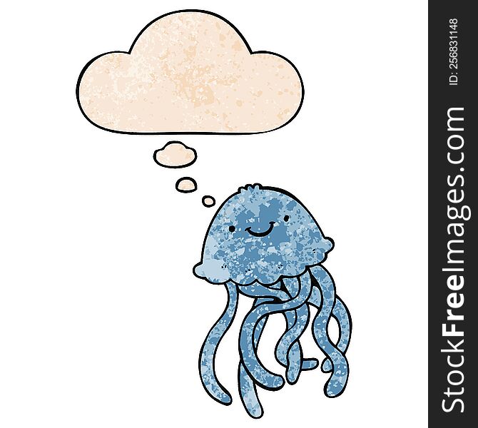 cartoon happy jellyfish with thought bubble in grunge texture style. cartoon happy jellyfish with thought bubble in grunge texture style