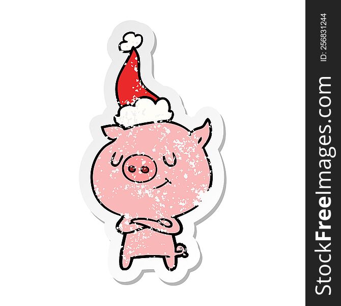 Happy Distressed Sticker Cartoon Of A Pig Wearing Santa Hat