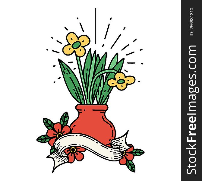 banner with tattoo style flowers in vase