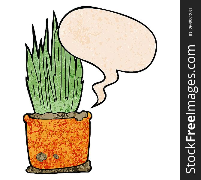 cartoon house plant with speech bubble in retro texture style